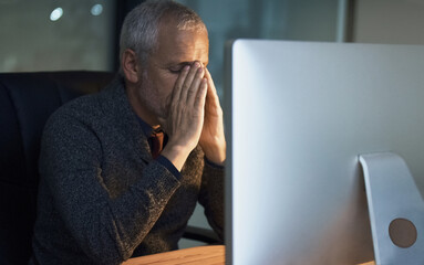 Poster - Office, night and stress headache by senior man on computer with problem crisis or internet glitch. Migraine, burnout and frustrated elderly male person working late on deadline, 404 or business fail