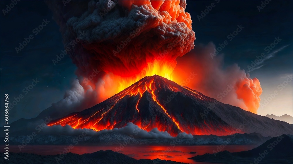 Mountain Exploding Volcano mountain eruption exploding, Generative AI Stock Illustration ...