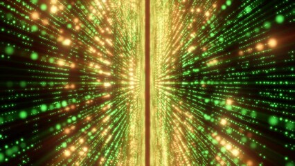 Poster - Abstract green energy hi-tech lines and digital particles fly in a tunnel with bokeh effect glowing background, 4k video, 60 fps