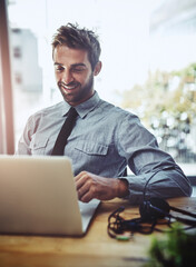 Aufkleber - Business man, crm and laptop writing of a insurance agent in a office with happiness. Company work, male employee and worker working and planning on a computer with call center and job email at desk