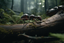Giant Ant Crawling On Log In Forest - Generative AI