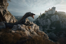 Fire-breathing Dragon Perched On A Rocky Cliff Overlooking A Medieval Castle. - Generative AI