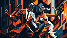 Latin American Hispanic Male And Female Couple Dancing The Ballroom Calypso Dance Shown In An Abstract Cubist Style Painting For A Poster Or Flyer, Computer Generative AI Stock Illustration Image