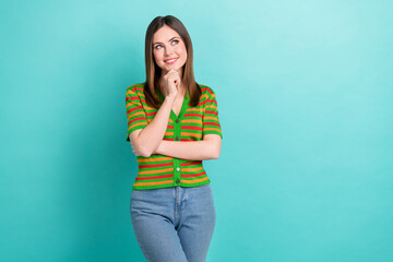 Sticker - Photo of dreamy sweet lady wear striped cardigan arm chin looking empty space isolated turquoise color background