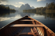 Wooden Canoe On A Calm Lake With Mountains - Generative AI