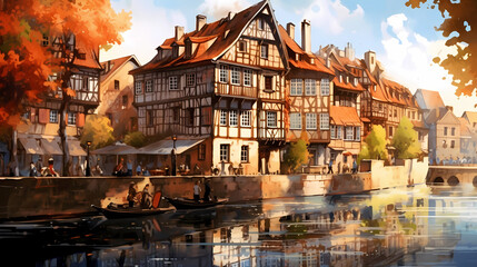 Wall Mural - Illustration of traditional colorful half-timbered houses and a river in an old European town