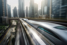High-speed Maglev Train Speeding Through Futuristic Cityscape. - Generative AI