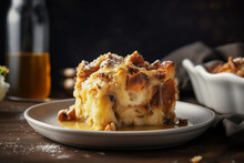 Delicious Kentucky bread pudding with rich buttery Bourbon vanilla sauce on a plate. Traditional American cuisine dessert