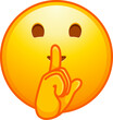 Top quality emoticon. Quiet emoji shh gesture, shush silent smiley cartoon shushing face, finger shut mouth. Yellow face emoji. Popular element. Detailed emoji icon from the Telegram app.