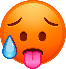 Poster - Top quality emoticon. Hot emoji. Overheated emoticon, red face with tongue stuck out. Yellow face emoji. Popular element. Detailed emoji icon from the Telegram app.