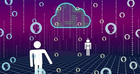 Animation of ai chat and data processing over cloud on purple background