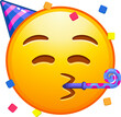 Top quality emoticon. Partying emoji. Emoticon with party horn and hat, celebrating. Yellow face emoji. Popular element. Detailed emoji icon from the Telegram app.