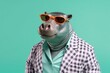 Stylish portrait of dressed up imposing anthropomorphic hippopotamus wearing glasses and suit on vibrant blue background with copy space. Funny pop art illustration. AI generative image.