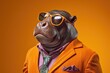 Stylish portrait of dressed up imposing anthropomorphic hippopotamus wearing glasses and suit on vibrant orange background with copy space. Funny pop art illustration. AI generative image.