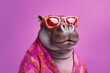 Stylish portrait of dressed up imposing anthropomorphic hippopotamus wearing glasses and suit on vibrant pink background with copy space. Funny pop art illustration. AI generative image.
