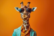 Stylish Portrait Of Dressed Up Imposing Anthropomorphic Giraffe Wearing Glasses And Suit On Vibrant Orange Background With Copy Space. Funny Pop Art Illustration. AI Generative Image.