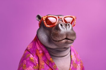 Wall Mural - Stylish portrait of dressed up imposing anthropomorphic hippopotamus wearing glasses and suit on vibrant pink background with copy space. Funny pop art illustration. AI generative image.