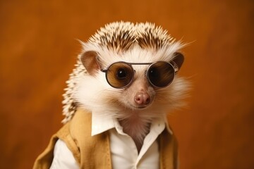 Stylish portrait of dressed up imposing anthropomorphic handsome hedgehog wearing glasses and suit on vibrant orange background with copy space. Funny illustration. AI generative image.