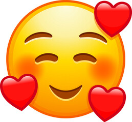 Wall Mural - Top quality emoticon. In love emoji. Smiling emoticon with three hearts. Yellow face emoji element. Detailed emoji icon from the Telegram app.