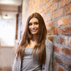 Aufkleber - University, education and portrait of happy woman at college ready to study, class and learning. Scholarship, knowledge and face of female student leaning on wall at school, academy and campus