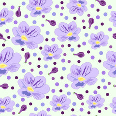 Wall Mural - purple flowers with buds and multicolor polka dots seamless summer repeat pattern. Purple flower and buds surface repeat fabric summer pattern.