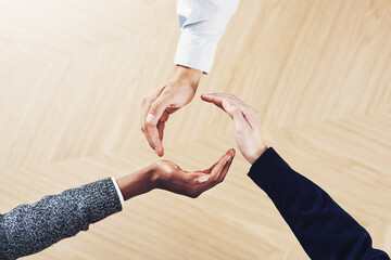 Poster - Teamwork, recycle or hands of business people in circle for motivation, support or sustainability in office. Diversity, recycling hand or above of employees for goals, community or partnership group