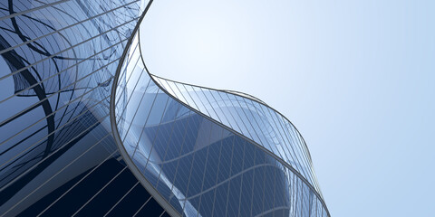 low angle view of futuristic architecture, skyscraper of office building with curve glass window, 3d