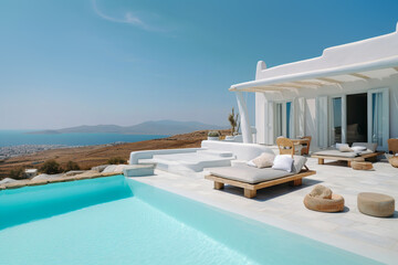 traditional mediterranean white house with pool on hill with stunning sea view. summer vacation back