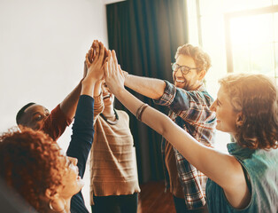 Canvas Print - High five, creative or happy people in meeting for team building, motivation or collaboration success. Startup goal, teamwork or excited employees celebrate winning mission victory or group target