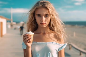 Wall Mural - sexy young girl with ice cream in summer on beach. Generative AI