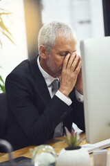 Poster - Business, fail and senior man with headache while working on computer in office, annoyed and anxiety. Burnout, migraine and elderly male manager frustrated with online glitch, 404 or bad review