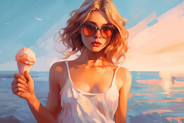 Wall Mural - sexy young girl with ice cream in summer on beach. Generative AI