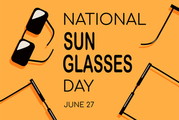 Wall Mural - National sunglasses day poster template with black glasses lying on sand. Vector illustration isolated on yellow background