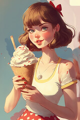 Wall Mural - young girl with ice cream in hand in summer. Hand-drawn poster style. Generative AI