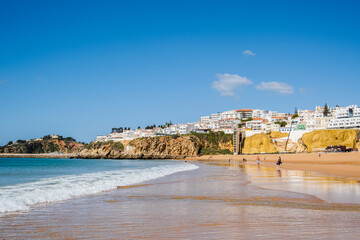 Canvas Print - Great view of Fisherman Beach, Praia dos Pescadores, with whitewashed houses on cliff, Albufeira, Algarve, Portugal