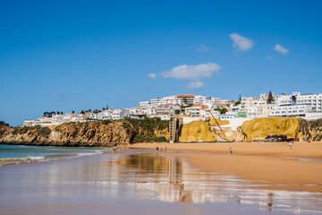 Wall Mural - Great view of Fisherman Beach, Praia dos Pescadores, with whitewashed houses on cliff, Albufeira, Algarve, Portugal