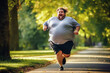 fat male obese runner runs in park in summer. Sports training for weight loss. Generative AI illustration