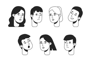 Wall Mural - Young asian woman and man monochrome flat linear character heads bundle. Social emotional editable outline people icons. Line users faces. 2D cartoon spot vector avatar illustration pack for animation