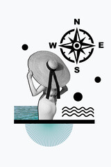 Wall Mural - Vertical collage image of black white gamma girl hand touch big straw sun hat compass sea water isolated on creative white background