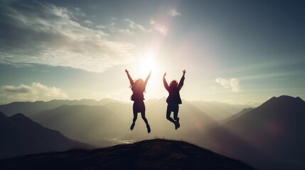 silhouette of two businesswomen jumping and cheering together on the top of mountain with a morning 