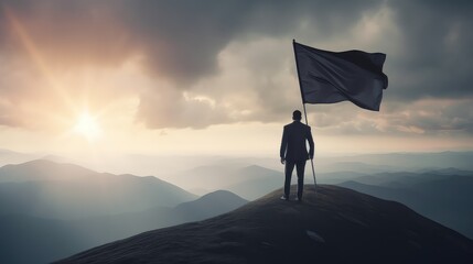 a silhouette of a successful businessman stands with a large flag on top of a mountain in the mornin