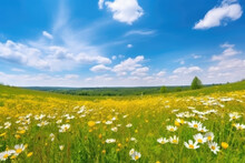 Beautiful Spring Landscape With Meadow Yellow Flowers And Daisies Against The Blue Sky. Natural Summer Panorama