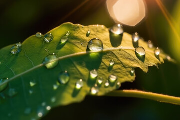 Wall Mural - Beautiful water drops sparkle in sun on leaf in sunlight, macro. Big droplet of morning dew outdoor, beautiful round bokeh. Amazing artistic image of purity of nature.