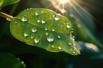 Wall Mural - Beautiful water drops sparkle in sun on leaf in sunlight, macro. Big droplet of morning dew outdoor, beautiful round bokeh. Amazing artistic image of purity of nature.