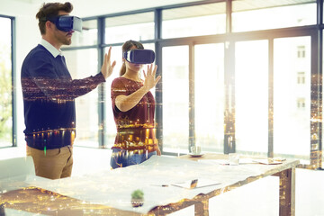 Poster - Overlay, virtual reality or metaverse with architect people using headset technology to access information. Digital, AI or 3D with a man and woman engineer in an architecture office for innovation