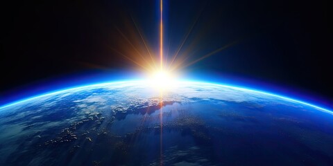 Blue Earth Sunlight in Space. Global Perspective. Generative AI illustrations.