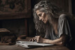 © 1by1step - Senior woman full of grey curly hair in organic shirt writing in a notebook on table, in style of sustainable design, generative ai