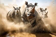 Stunning wild rhinos running towards camera splashing mud and dust. Amazing wild life. Generative Ai