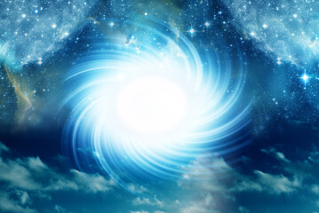 Wall Mural - blue abstract mystic background with universe, nebula, stars and portal whirl like spiritual, cosmic