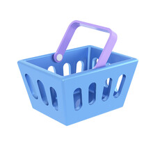 3d Blue Shopping Basket Icon. Shopping Online, E-commerce, Retail, Supermarket, Grocery Concept. 3d Render Illustration.